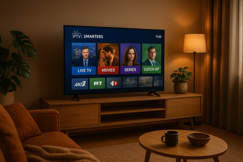 IPTV Smarters interface op een moderne Nederlandse tv in een woonkamer